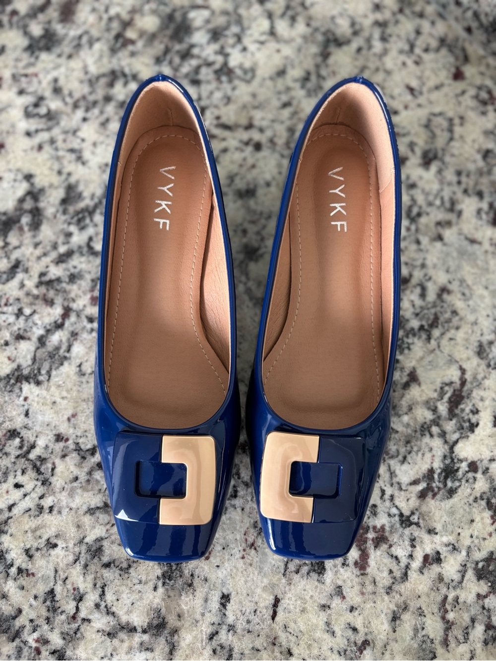 VYKF NWOT Blue Patent Square-Toe Flats with Two-Tone Buckle - Size